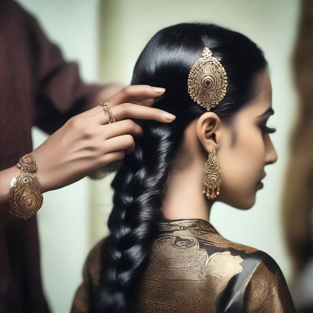 A gothic Indian woman with dark makeup and traditional jewelry is being forced to get a sleek back haircut