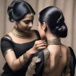 A gothic Indian woman with dark makeup and traditional jewelry is being forced to get a sleek back haircut