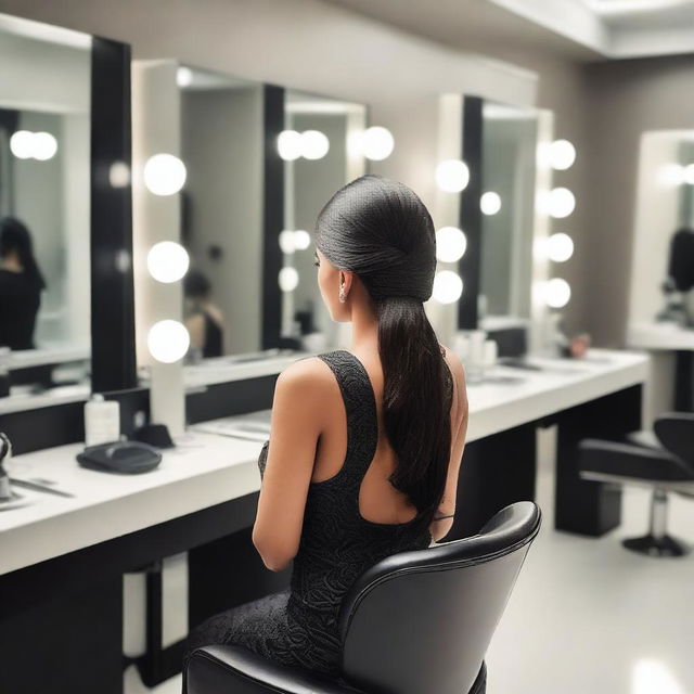 An Indian woman with sleek back gelled hair is sitting in a modern salon