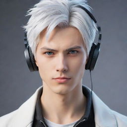 Anime-inspired, non-realistic male character with a well-defined jawline, white hair styled in a low taper fade with two-block cut, mesmerizing Gojo-like eyes, and sporting stylish gaming headphones.