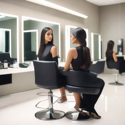 An Indian woman with sleek back gelled hair is sitting in a modern salon