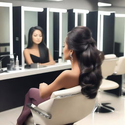 An Indian woman with sleek back gelled hair is sitting in a modern salon