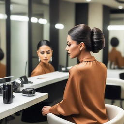 An Indian woman with sleek back gelled hair is sitting in a modern salon