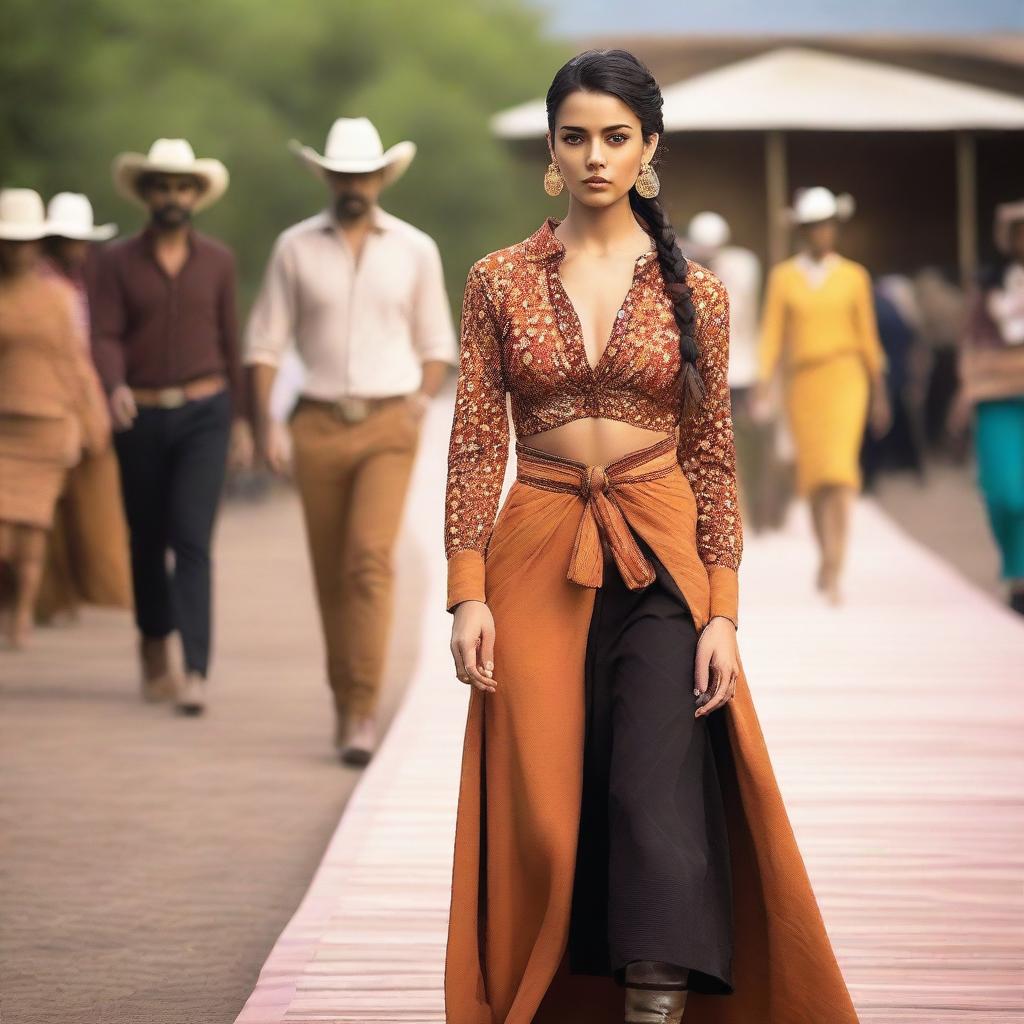 An Indian woman with a sleek hair bun is walking down the runway at a western-themed modeling show