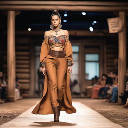 An Indian woman with a sleek hair bun is walking down the runway at a western-themed modeling show