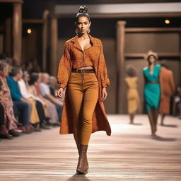 An Indian woman with a sleek hair bun is walking down the runway at a western-themed modeling show