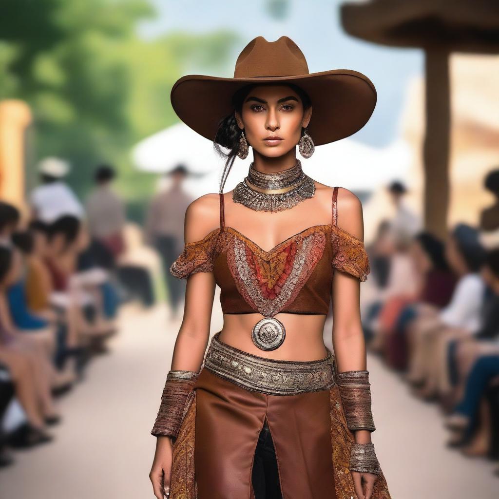 An Indian woman with a sleek hair bun is walking down the runway at a western-themed modeling show