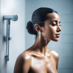 An Indian woman with a sleek hair bun is in a modern bathroom, standing under a shower