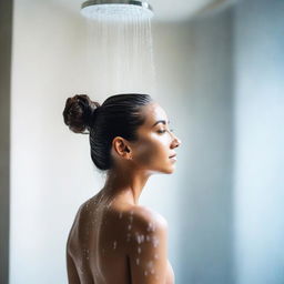 An Indian woman with a sleek hair bun is in a modern bathroom, standing under a shower