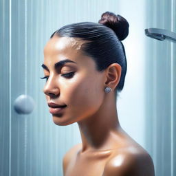 An Indian woman with a sleek hair bun is in a modern bathroom, standing under a shower