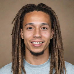 Create a portrait of a 6 foot tall light-skinned individual with dreadlocks and braces, emphasizing distinctive features in a respectful manner.