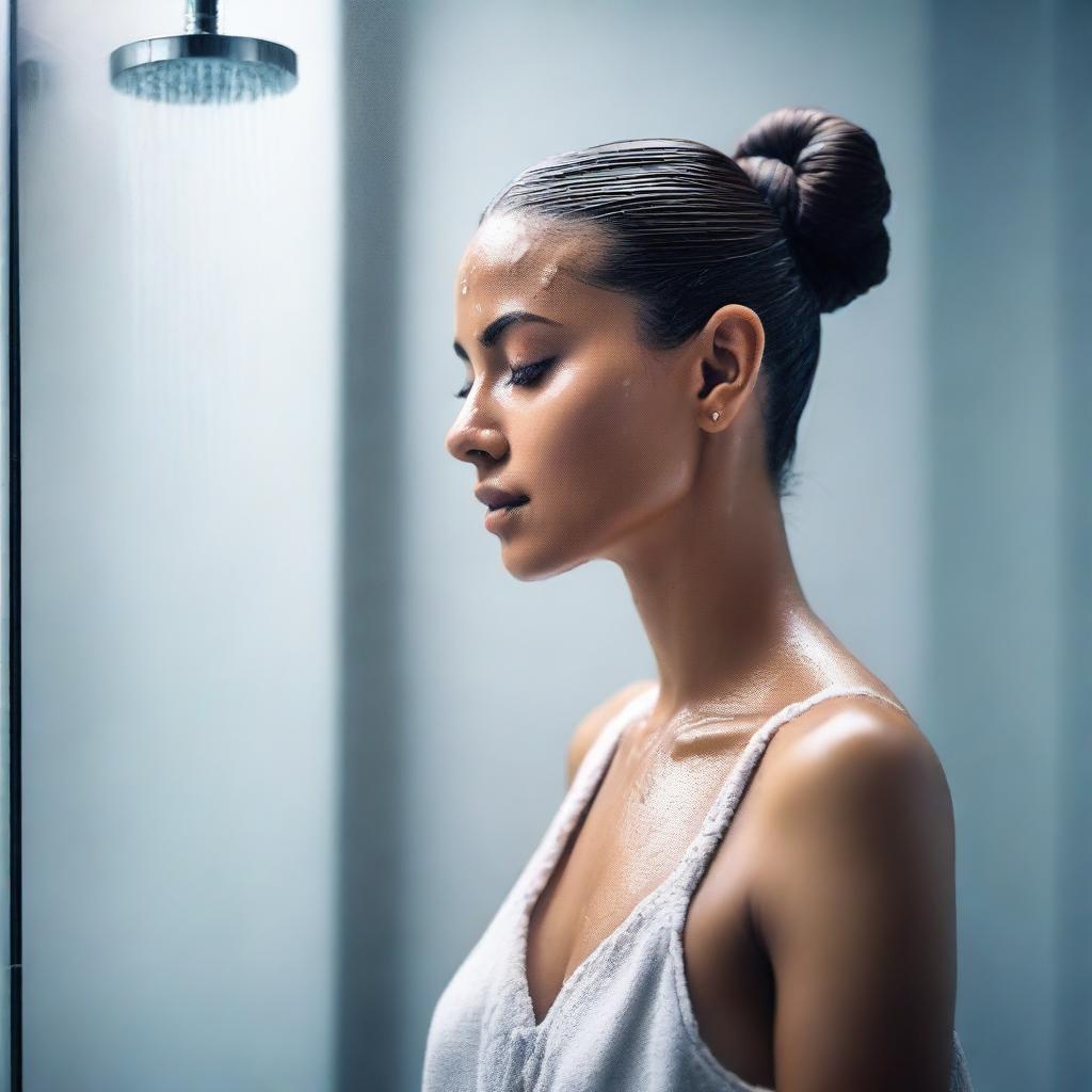 An Indian woman with a sleek hair bun is in a modern bathroom, standing under a shower