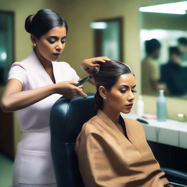 An Indian woman with a sleek hair bun is seated in a salon chair, looking distressed as a lady barber forcefully cuts her hair