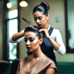 An Indian woman with a sleek hair bun is seated in a salon chair, looking distressed as a lady barber forcefully cuts her hair