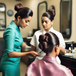 An Indian woman with a sleek hair bun is seated in a salon chair, looking distressed as a lady barber forcefully cuts her hair