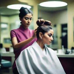 An Indian woman with a sleek hair bun is seated in a salon chair, looking distressed as a lady barber forcefully cuts her hair