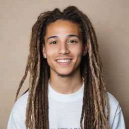 Create a portrait of a 6 foot tall light-skinned individual with dreadlocks and braces, emphasizing distinctive features in a respectful manner.