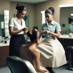 An Indian woman with a sleek hair bun is seated in a salon chair, looking distressed as a lady barber forcefully cuts her hair