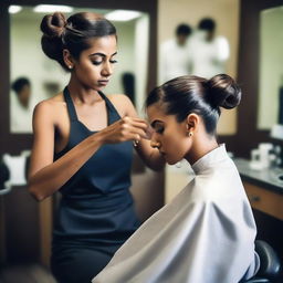 An Indian woman with a sleek hair bun is seated in a salon chair, looking distressed as a lady barber forcefully cuts her hair