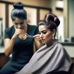 An Indian woman with a sleek hair bun is seated in a salon chair, looking distressed as a lady barber forcefully cuts her hair