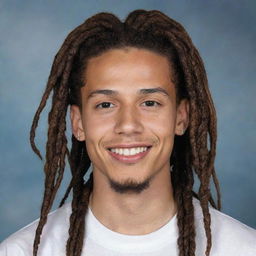 Create a portrait of a 6 foot tall light-skinned individual with dreadlocks and braces, emphasizing distinctive features in a respectful manner.