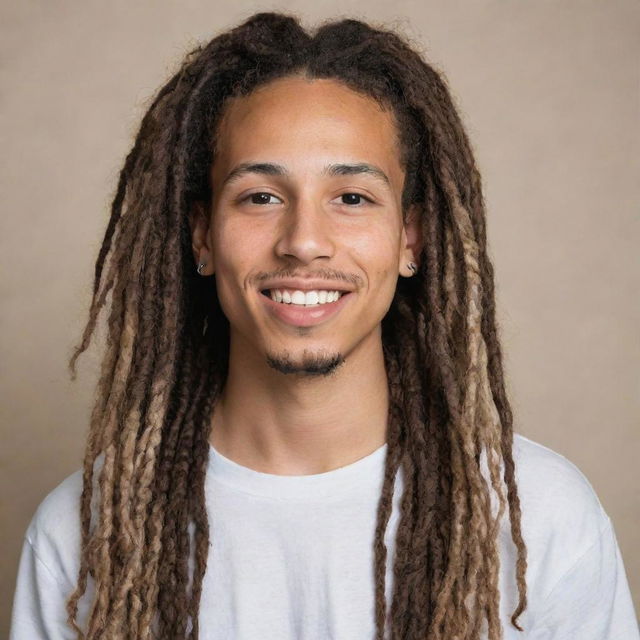 Create a portrait of a 6 foot tall light-skinned individual with dreadlocks and braces, emphasizing distinctive features in a respectful manner.