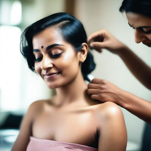 An image of an Indian woman getting her underarm hair shaved