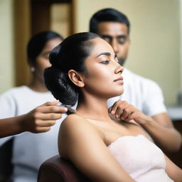 An image of an Indian woman getting her underarm hair shaved