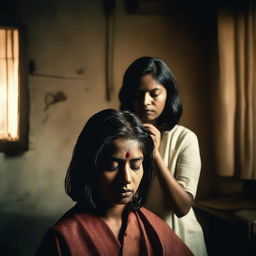 An image of an Indian woman being forced to get a bob haircut