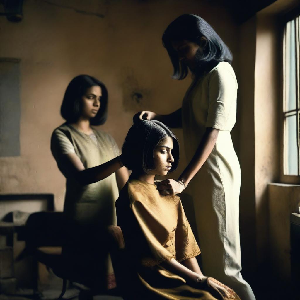 An image of an Indian woman being forced to get a bob haircut