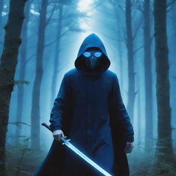 Anime-style artwork of a hooded man with blue glasses and a mask, wielding a sword, set in a forest filled with a surreal, bluish light