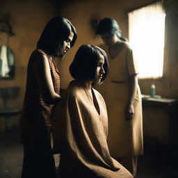 An image of an Indian woman being forced to get a bob haircut