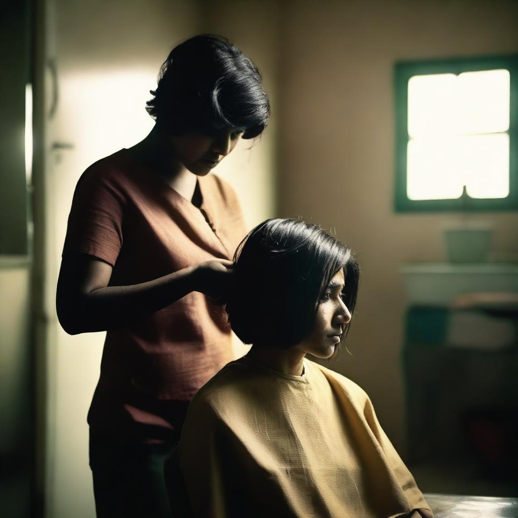 An image of a modern Indian woman being forced to get a bob haircut