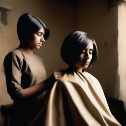 An image of a modern Indian woman being forced to get a bob haircut