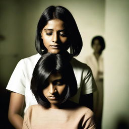 An image of a modern Indian woman being forced to get a bob haircut