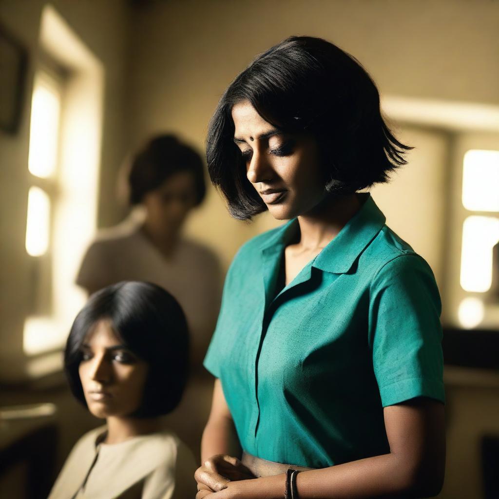 An image of a modern Indian woman being forced to get a bob haircut