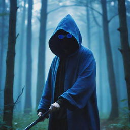 Anime-style artwork of a hooded man with blue glasses and a mask, wielding a sword, set in a forest filled with a surreal, bluish light