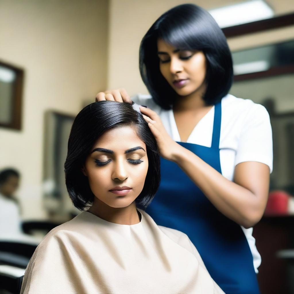 An image of a modern Indian woman being forced to get a bob haircut in a salon by a lady barber