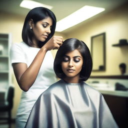 An image of a modern Indian woman being forced to get a bob haircut in a salon by a lady barber