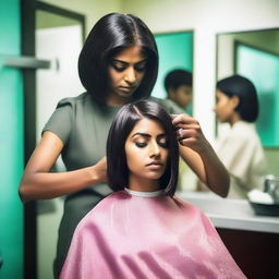 An image of a modern Indian woman being forced to get a bob haircut in a salon by a lady barber