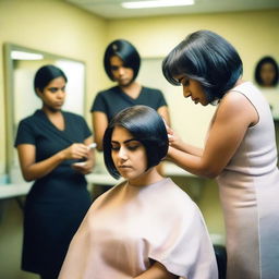 An image of a modern Indian woman being forced to get a bob haircut in a salon by a lady barber