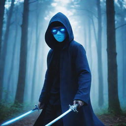 Anime-style artwork of a hooded man with blue glasses and a mask, wielding a sword, set in a forest filled with a surreal, bluish light