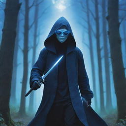 Anime-style artwork of a hooded man with blue glasses and a mask, wielding a sword, set in a forest filled with a surreal, bluish light