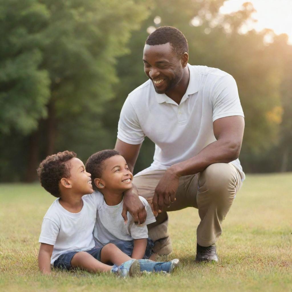 A loving father supporting and encouraging his children in their activities, radiating warmth, strength, and guidance