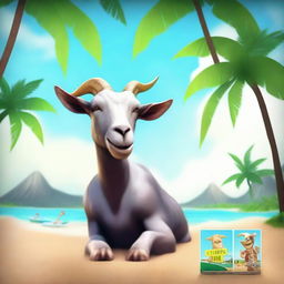 Create an album cover featuring Pilgor, the goat from Goat Simulator, on a vacation