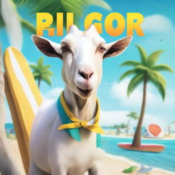 Create an album cover featuring Pilgor, the goat from Goat Simulator, on a vacation