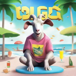 Create an album cover featuring Pilgor, the goat from Goat Simulator, on a vacation