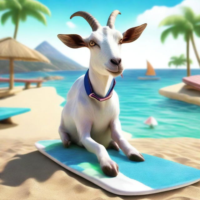 Create an album cover featuring Pilgor, the goat from Goat Simulator, on a vacation