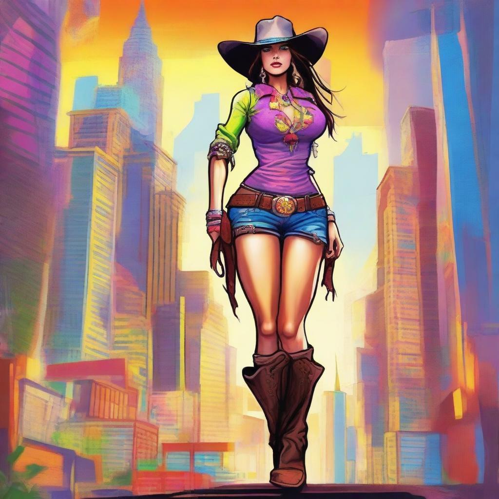 Create an awe-inspiring image of a giant cow girl standing over a vibrant cityscape