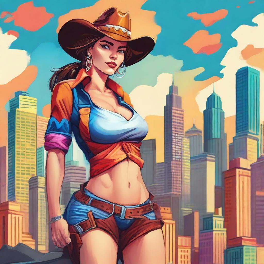 Create an awe-inspiring image of a giant cow girl standing over a vibrant cityscape